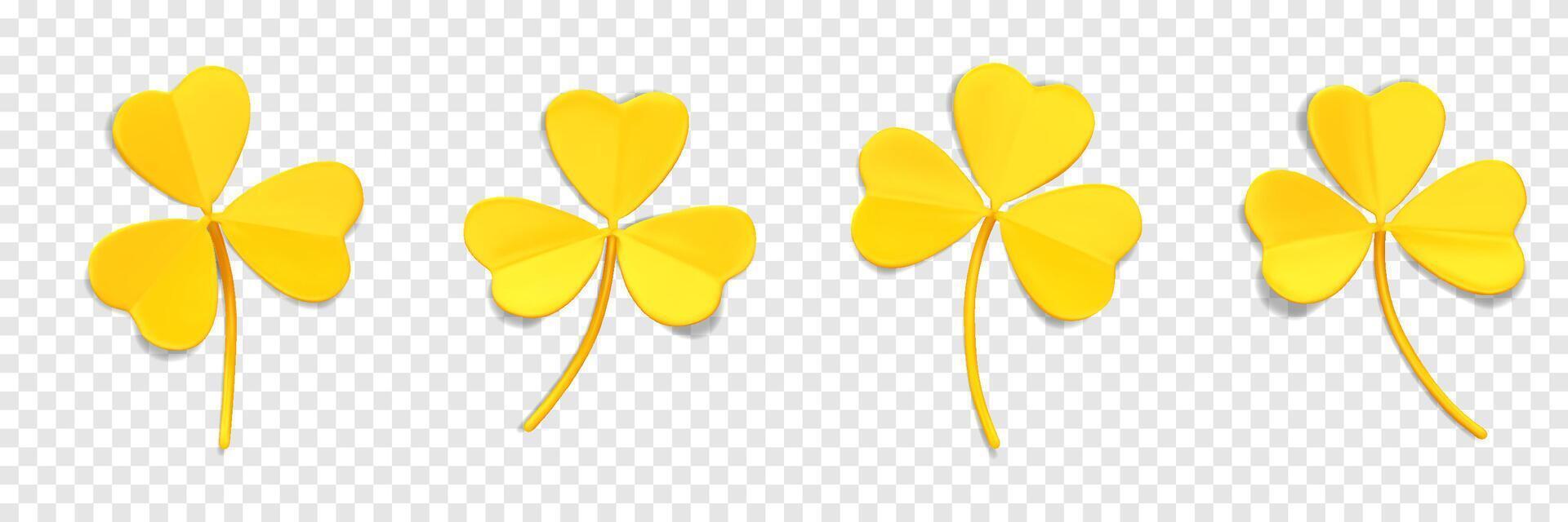 3D yellow clover leaves. Shamrock symbol of lucky. Decorative element for Irish holiday St. Patrick Day. 3D icons with trefoil leaves vector