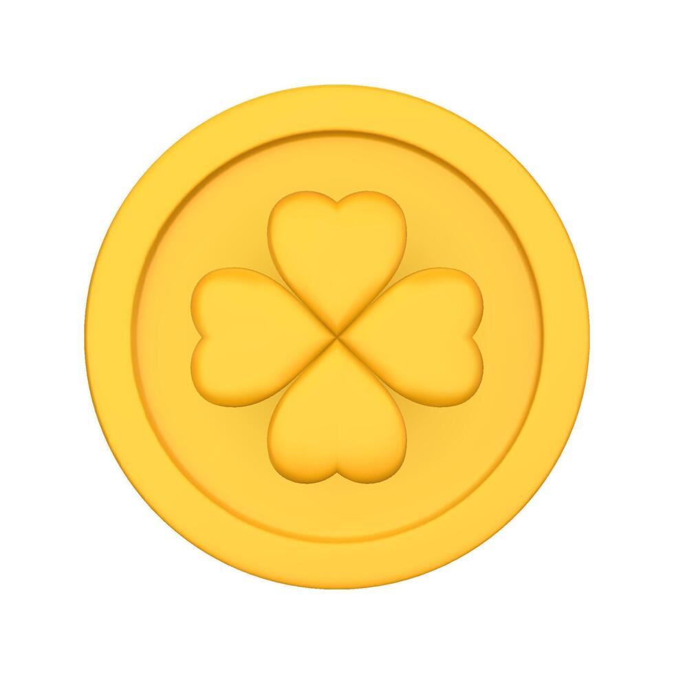 Golden Coin with Clover Leaf. St. Patrick's Day Treasure, Irish Good Luck symbol. 3D realistic Illustration isolated on a white background. vector