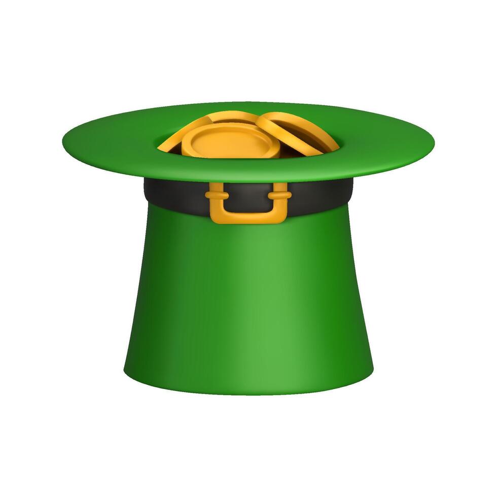 3D green leprechaun top hat full of gold coins. Decorative element for St. Patricks Day. 3D realistic illustration isolated on white background. vector