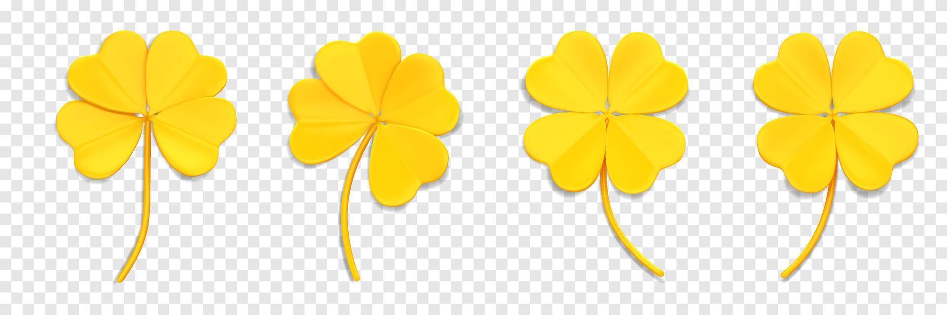 3D yellow clover leaves. Shamrock symbol of lucky. Decorative element for Irish holiday St. Patrick Day. 3D icons with quatrefoil leaves vector