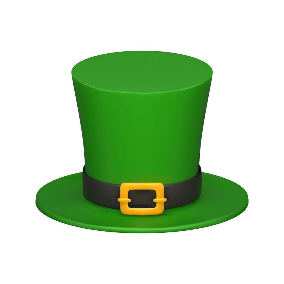 3d realistic green leprechaun top hat with a gold buckle. St. Patrick's Day decorative element. realistic illustration Isolated on white background vector