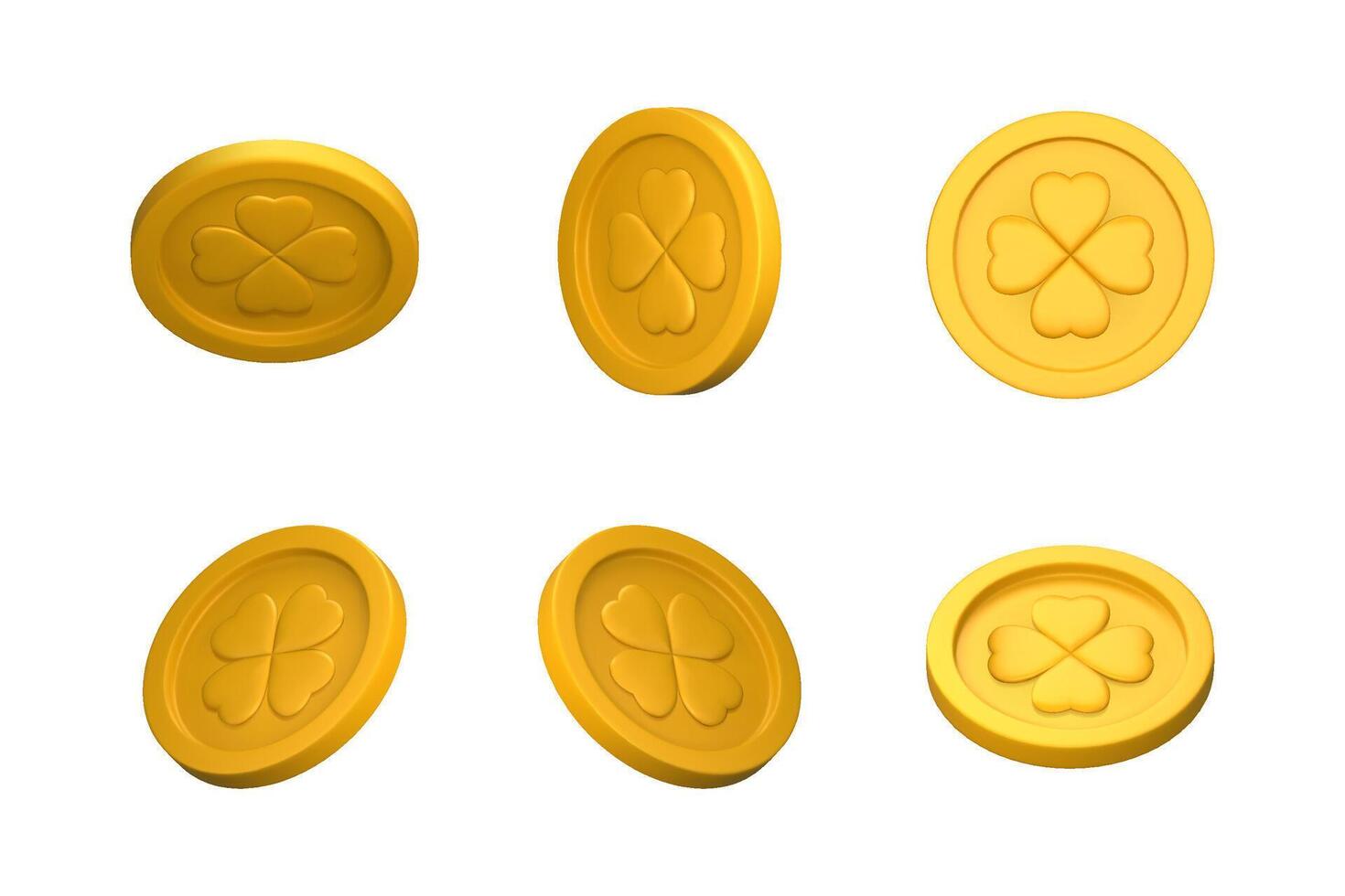 Gold fortune money set. Golden 3d coins with four-leaf clover in different angles. St. Patrick's Day design objects. 3D realistic style. illustration isolated on a white background. vector