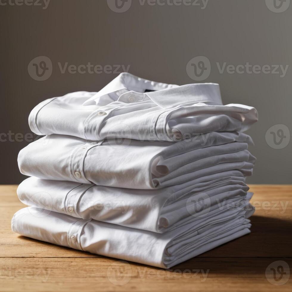 A refined stack of folded white dress shirts on a rustic wooden table, radiating professionalism and elegance. Ideal for business attire, fashion, or laundry services. photo