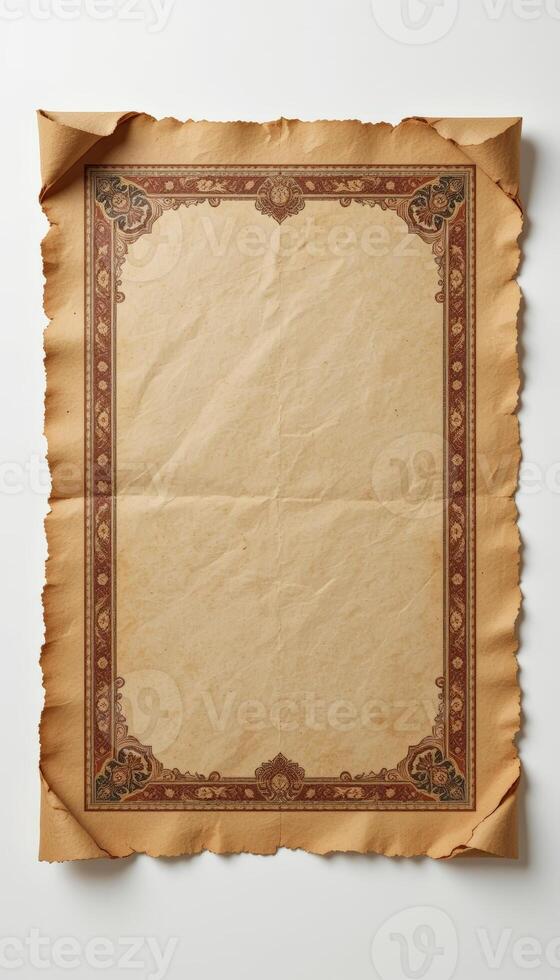 A beautifully aged antique-style paper with a decorative border, perfect for certificates, invitations, or vintage-style projects. photo