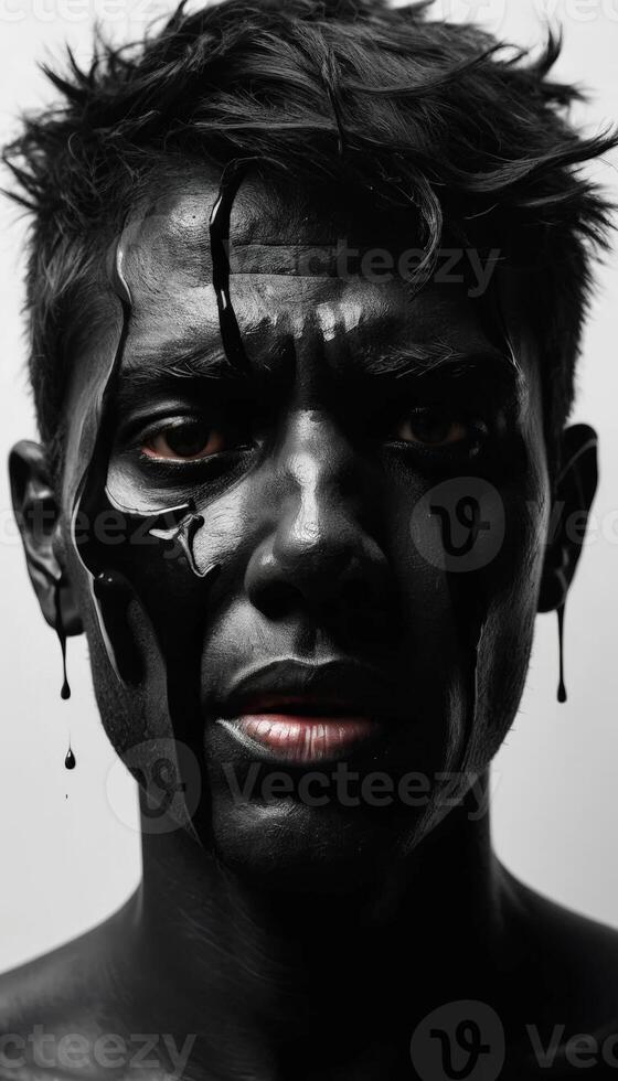 A striking black-and-white portrait showcasing a person's head, embellished with dripping paint. This artful image emphasizes identity and modern beauty in bold design. photo
