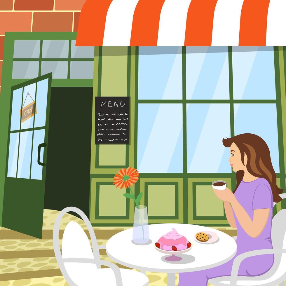 Cozy cafe scene with open door and inviting atmosphere. Woman enjoys tea or coffee at table, surrounded warm outdoor, cake and flower in vase. Capturing relaxation and daily moments. Square banner vector