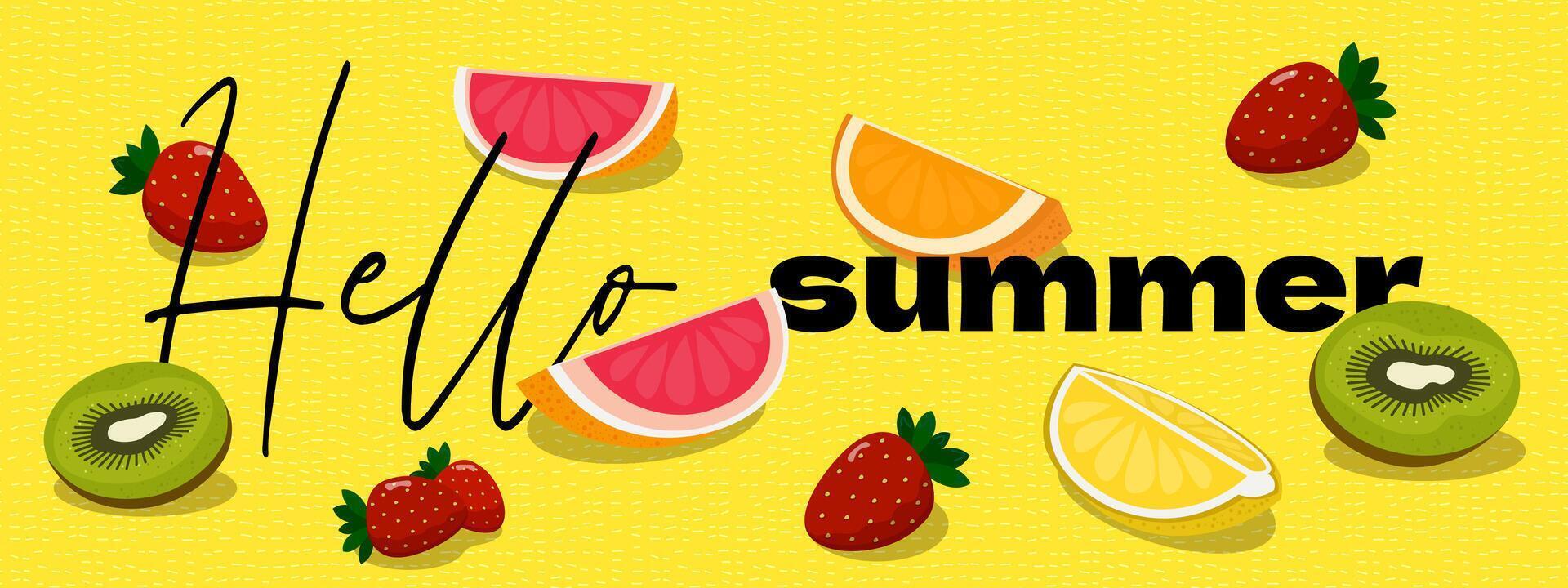 Bright and vibrant hello summer banner featuring fresh fruits. Oranges, kiwi and strawberries in juicy design. Perfect for promoting healthy, seasonal treats or refreshing beverages with modern touch. vector