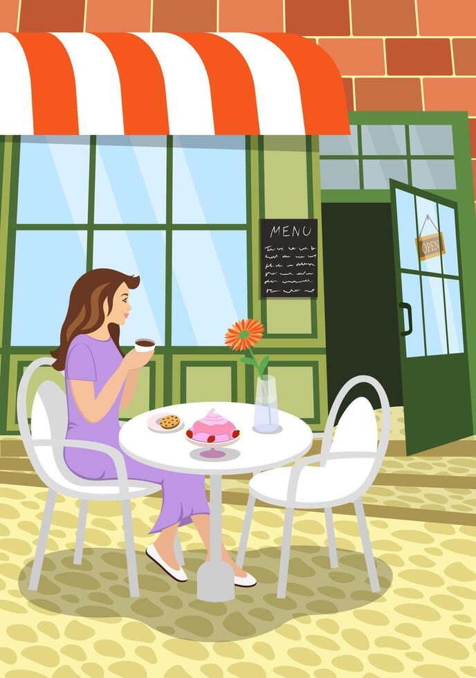 Cozy cafe scene with woman enjoying tea or coffee at table. Warm inviting outdoor atmosphere. Perfect for coffee shop, menu or lifestyle themes. Modern trendy drawing poster. vector