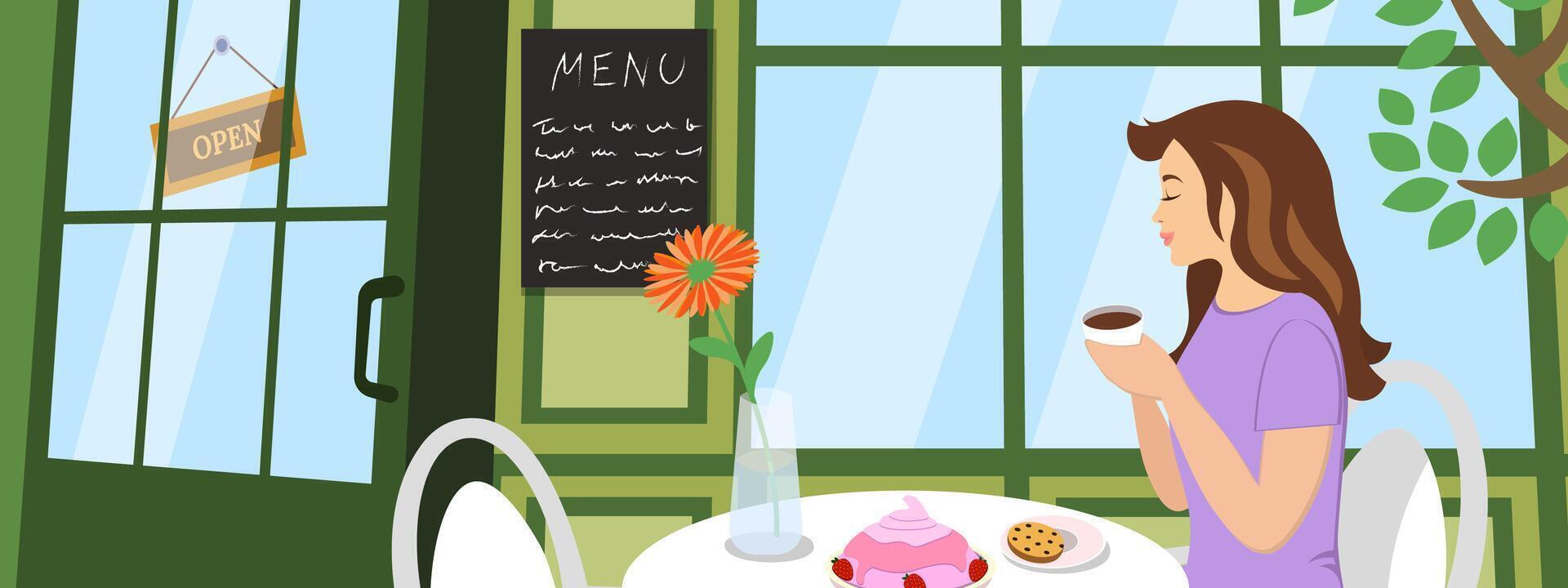 Drawing cafe scene featuring woman enjoying coffee or tea at cozy table. Warm ambiance, trendy design and inviting atmosphere perfect for menu, flyer and coffee shop promotion. Horizontal art banner. vector