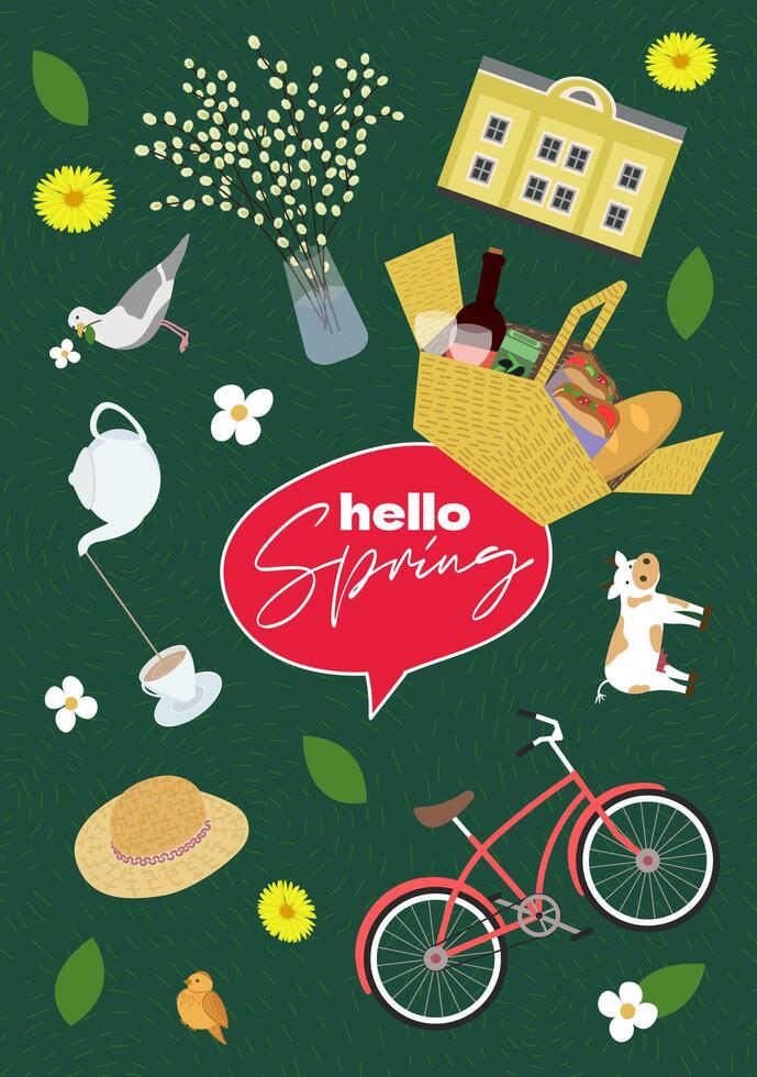Modern drawing poster hello spring doodle banner. Features springtime collage with colorful design elements. Perfect for travel, vacation or greeting card themes. Creative placard vector