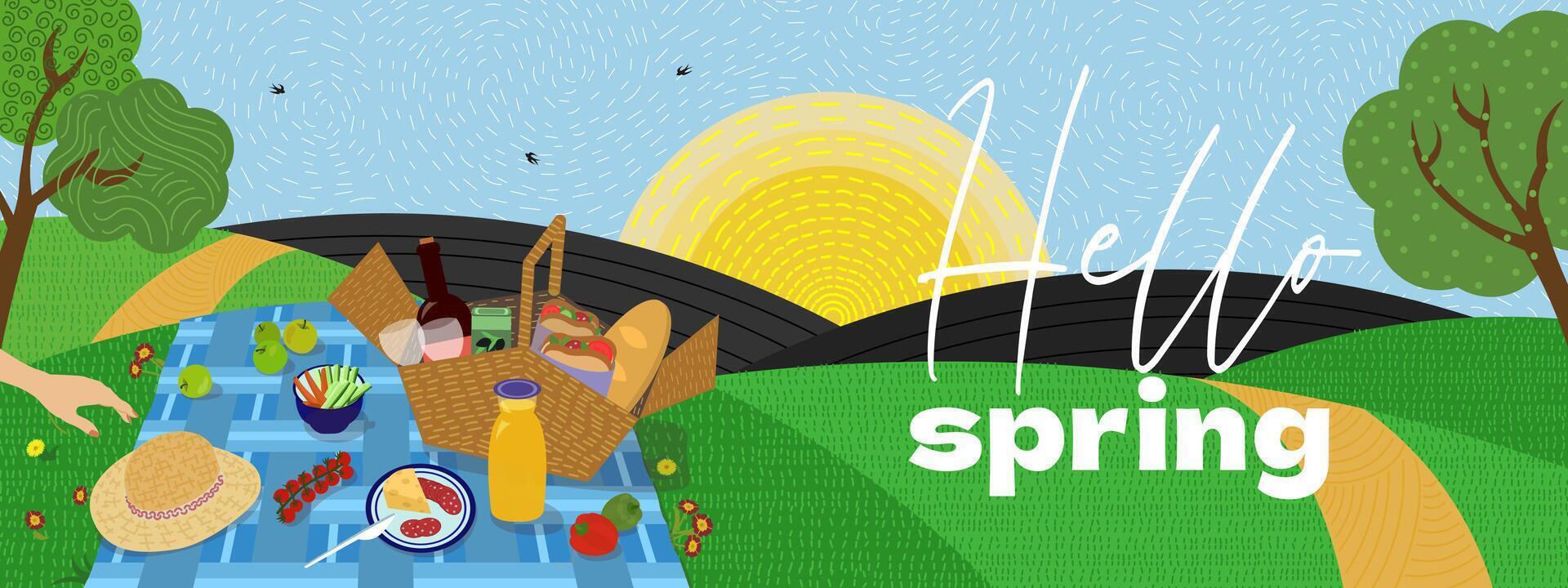 Cheerful spring illustration featuring picnic scene in green park on fields backdrop. Blanket on grass and basket with foods. Ideal for seasonal banners, holiday cards and outdoor event flyers. vector