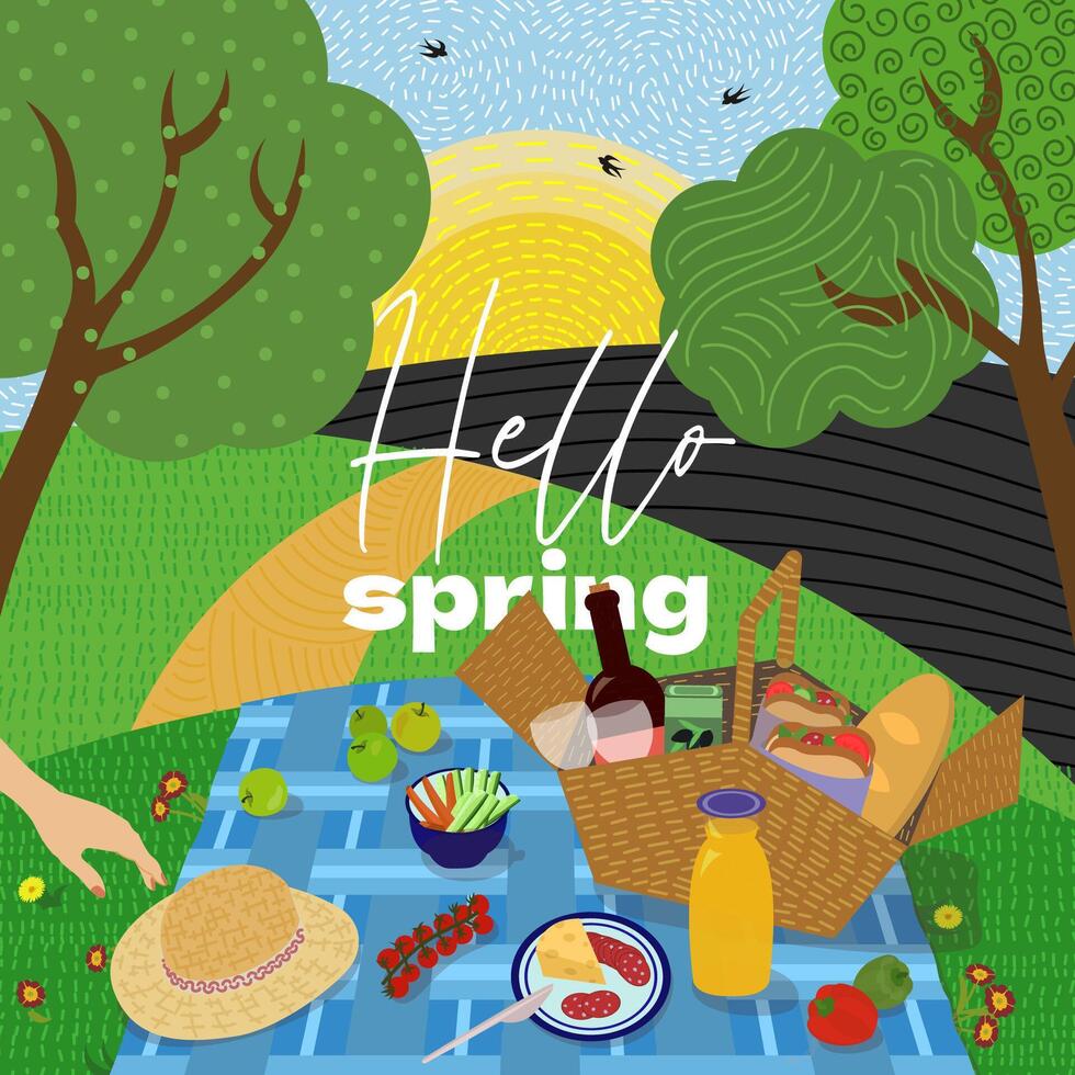 Spring picnic in park on modern drawing square banner. Blanket on grass with food and drink. Sunny weather background. Relaxing outdoor scene. Ideal for holiday or vacation promotion. vector