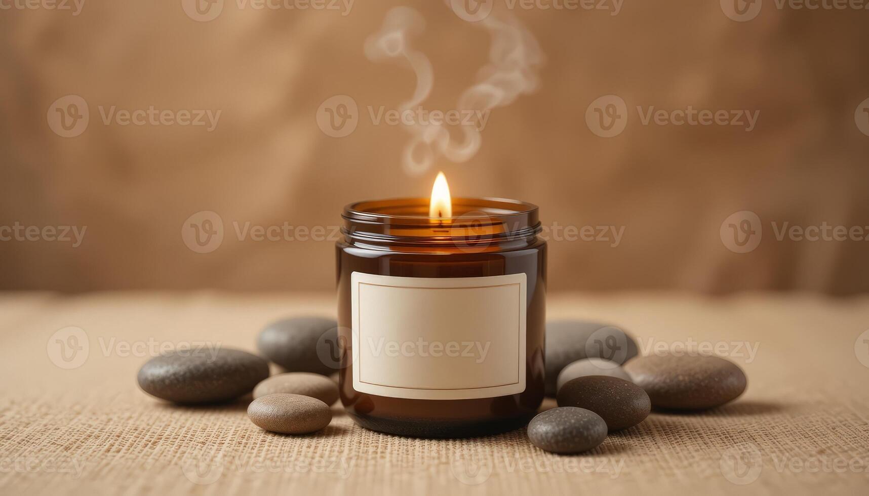 A lit candle with smoke curling up, surrounded by smooth stones, creating a calming atmosphere designed for relaxation and wellness themes photo