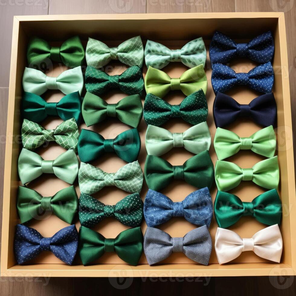 A colorful assortment of green bow ties proudly displayed in a neat arrangement, showcasing various fabrics and patterns, perfect for adding style to formal occasions or wardrobe photo