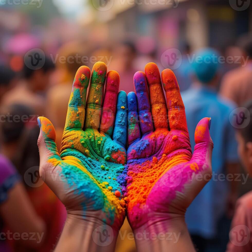 Hands covered in vibrant colored powders, symbolizing joy and celebration during a festival. This image showcases the spirit of color and togetherness in cultural events. photo