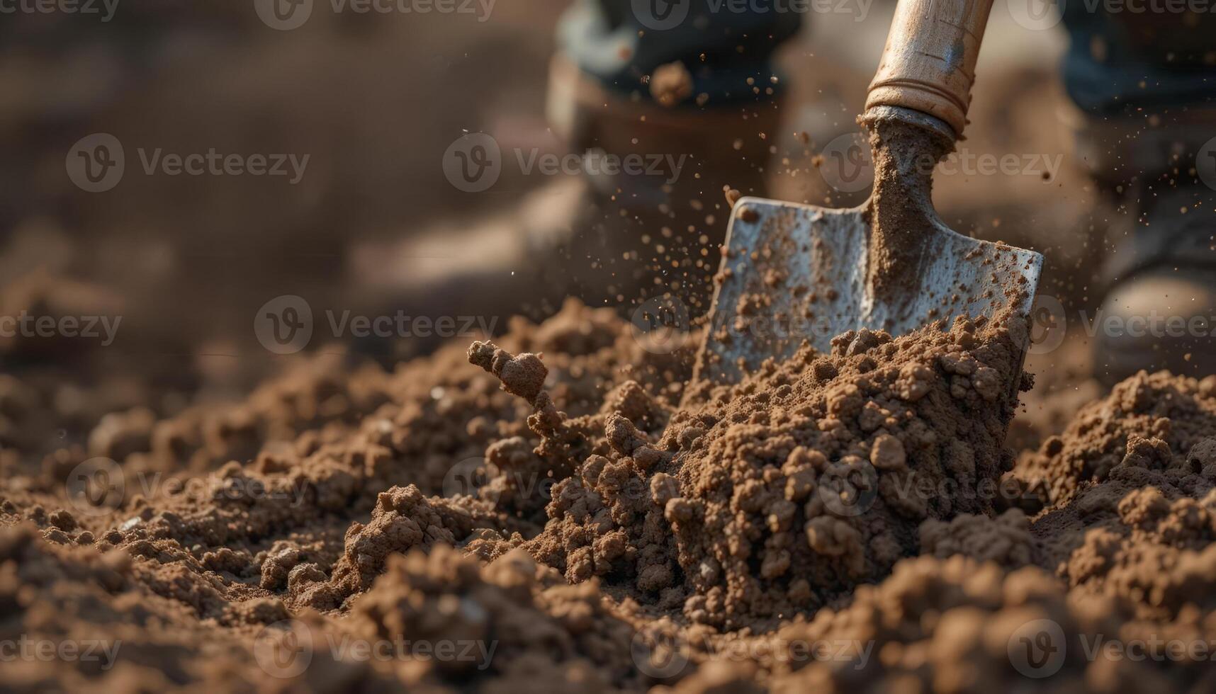 Close-up of a shovel digging into the soil. Illustrates gardening, agriculture, or construction. Useful for environmental, agricultural, or construction-related projects. photo