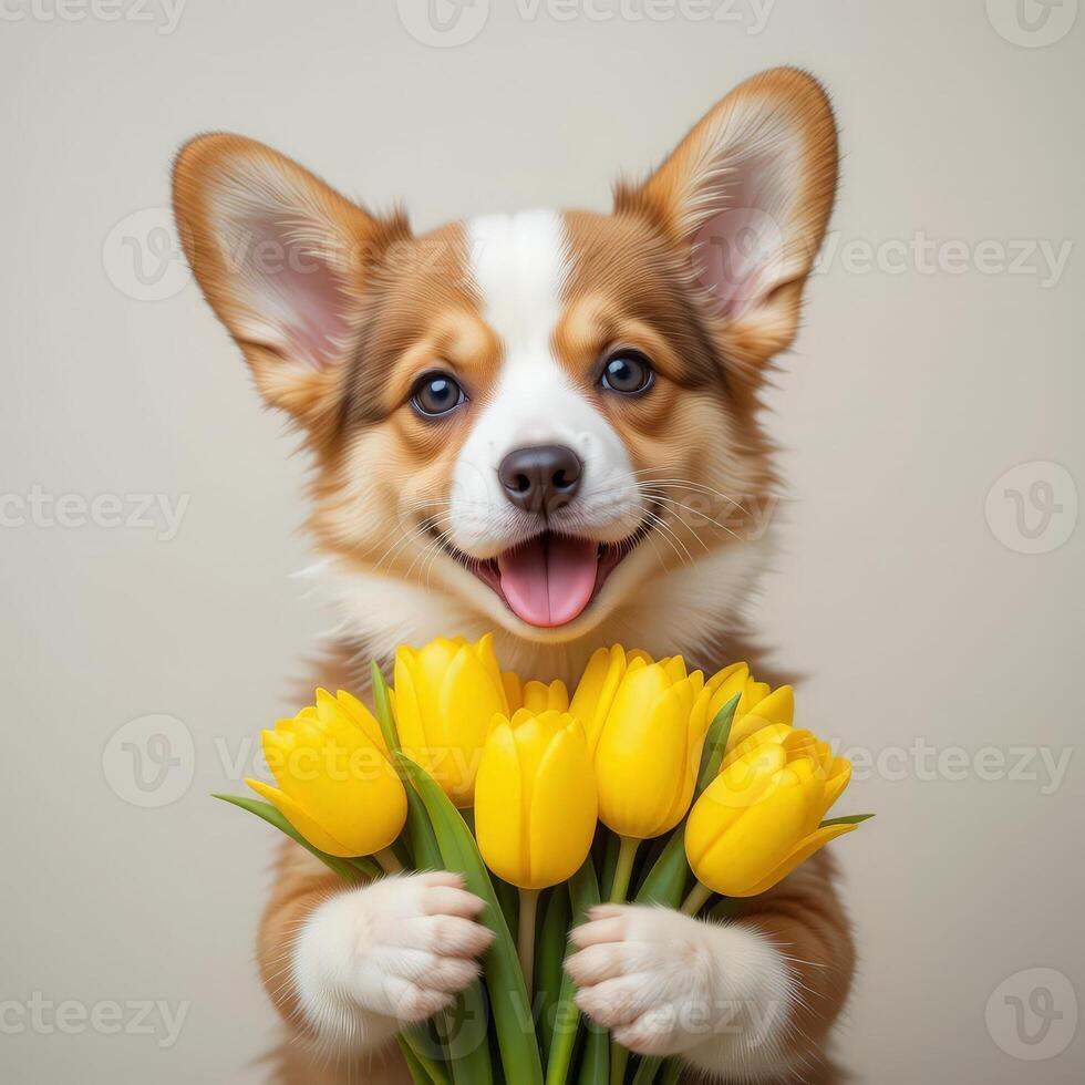 Adorable corgi puppy holding a bouquet of yellow tulips. Useful for pet-related businesses, spring promotions, or heartwarming content. photo
