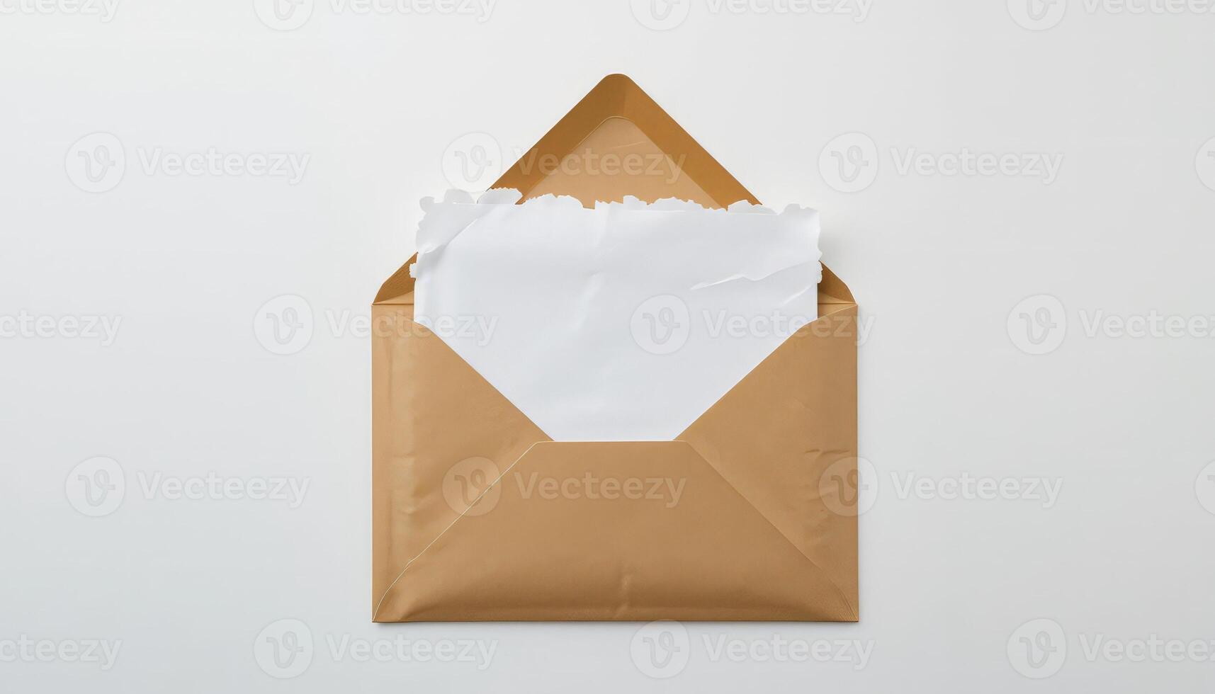 Open kraft envelope with a torn white note card. Suitable for stationery brands, greeting card designs, or correspondence concepts. photo