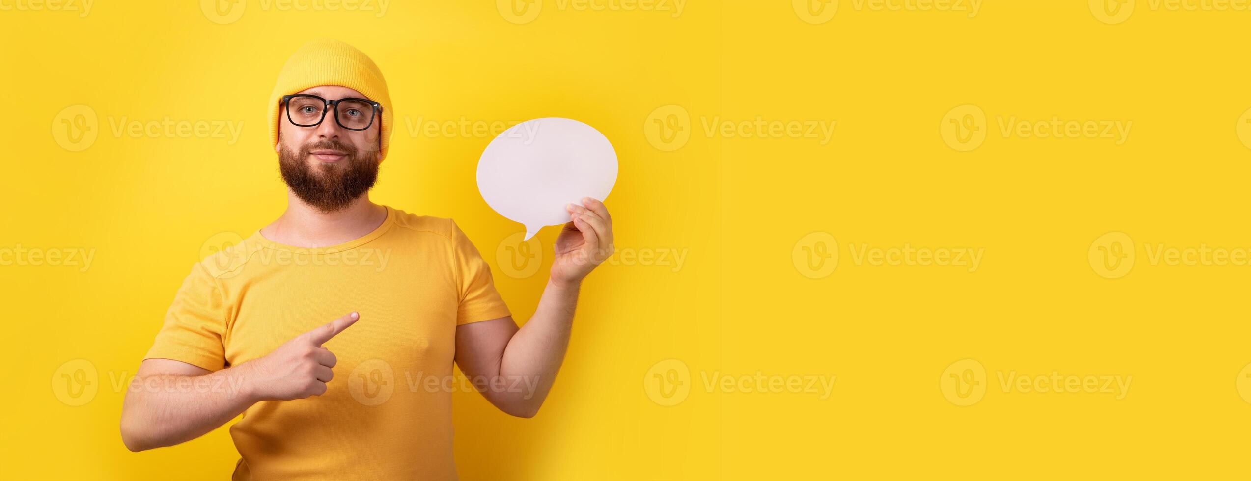 man pointing on speech bubble panoramic photo