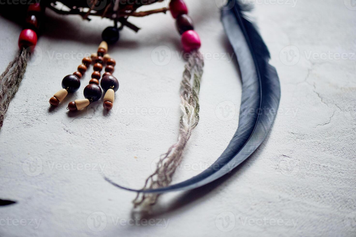 Dream catchers, their elements. Natural materials, threads, wood. Omulet for a restful sleep. Shamanism. photo