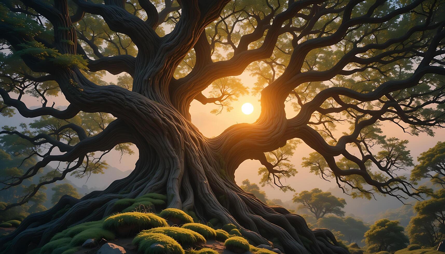 Ancient Oak Tree at Sunset A Serene Landscape Painting photo