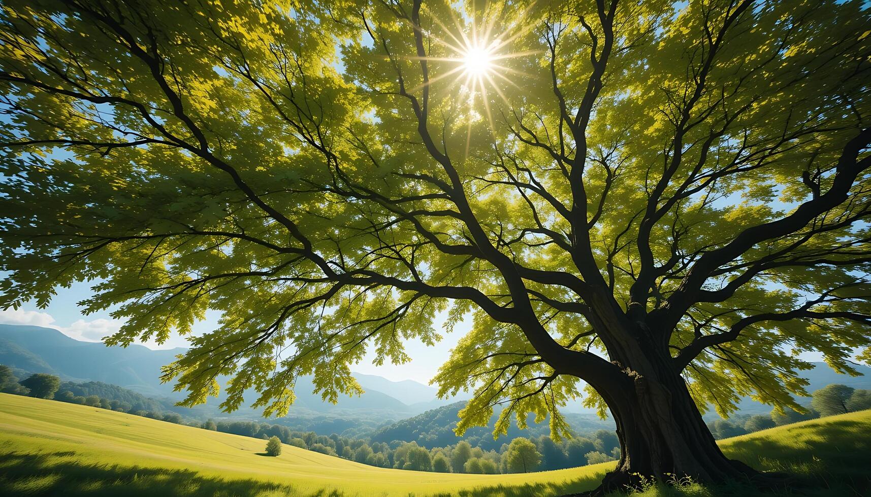 Majestic Sunlit Tree Lush Foliage, Serene Landscape, Vibrant Nature photo