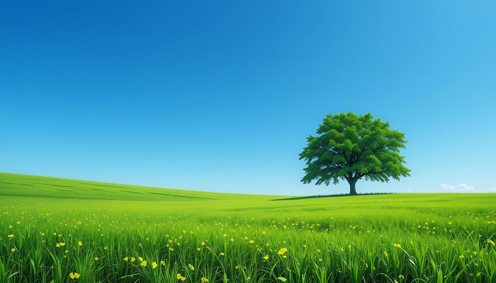 Solitary Tree in Vibrant Green Meadow A Serene Landscape Painting photo