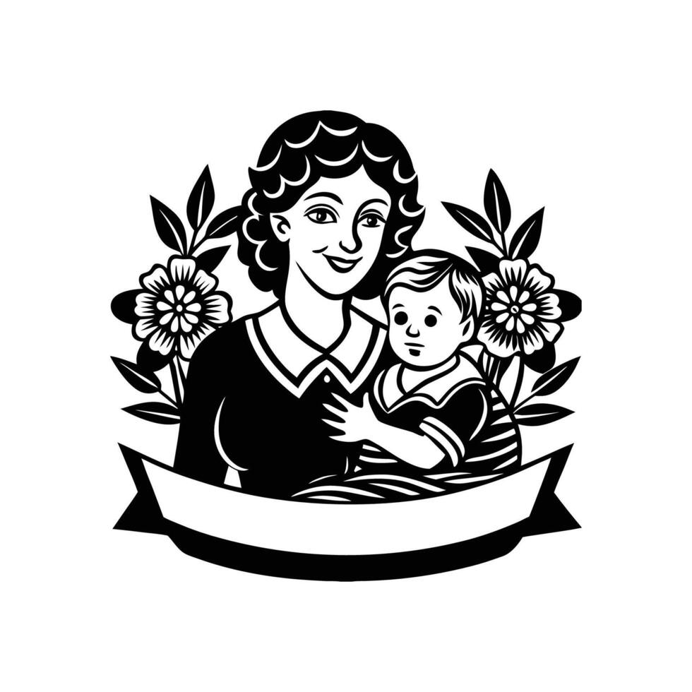 Mother and child with ribbon and flowers illustration vector