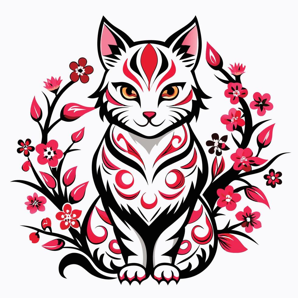 A cat with red and pink flowers on it's head vector
