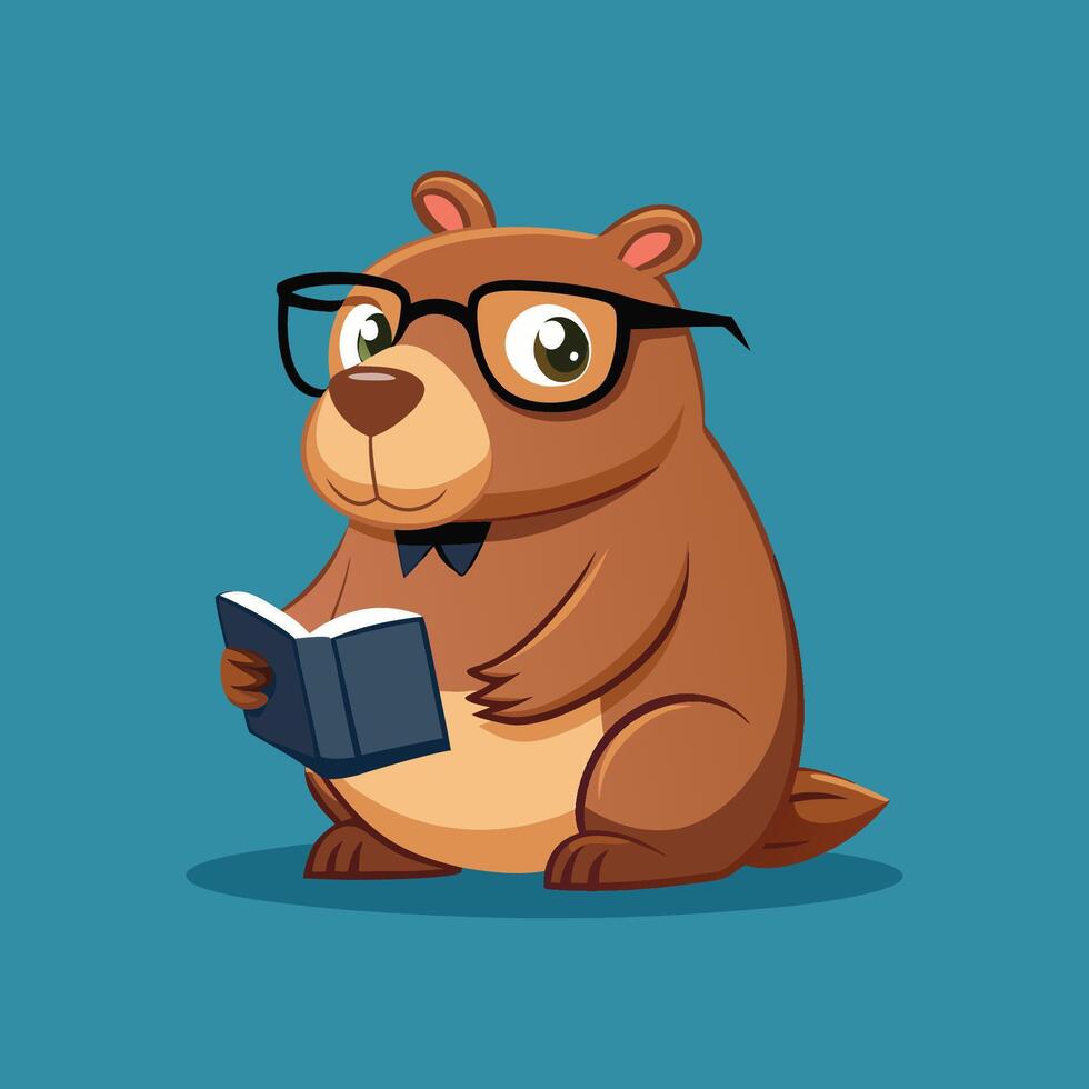 A cartoon groundhog wearing glasses and reading a book vector