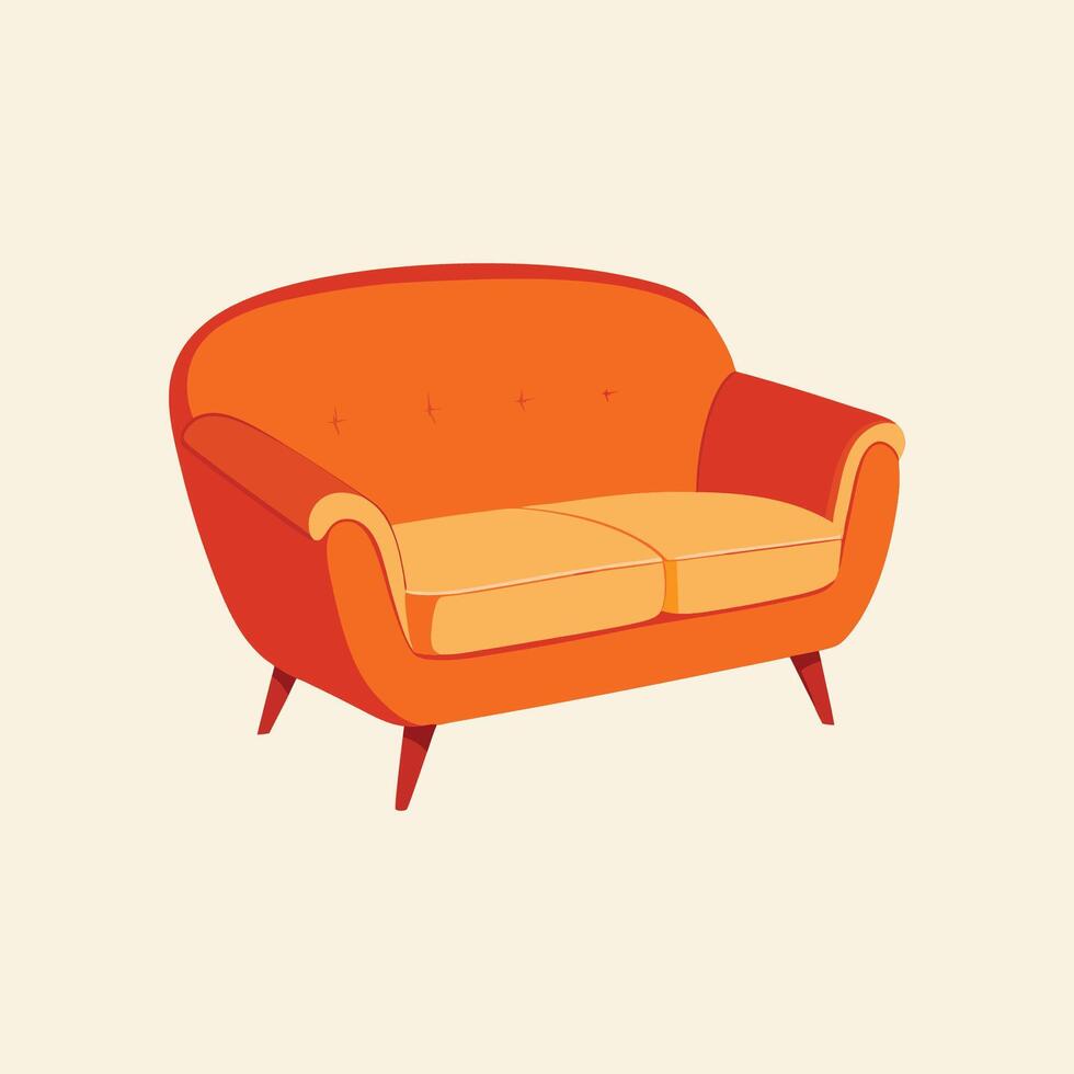 An orange couch is shown in a flat style vector