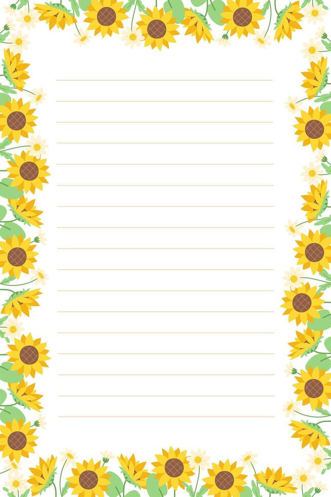 Paper page template for letter or notebook with sunflower and white daisy floral edges vector