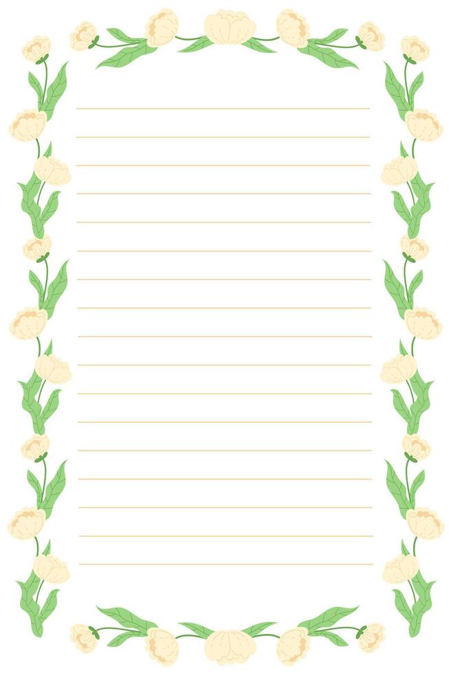 Paper page template for letter or notebook with elegant floral edges featuring peonies in flat style on white background vector