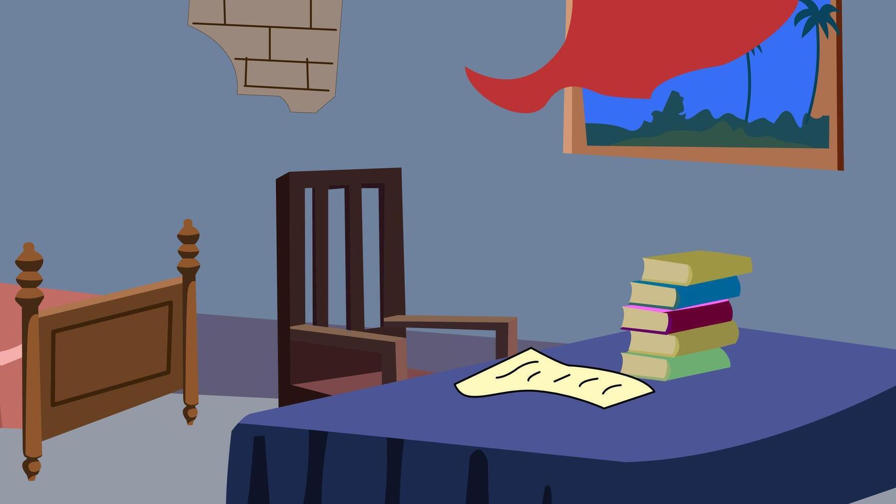 2d cartoon bedroom. bedroom with book,window, wooden table. vector