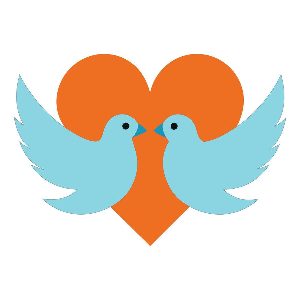 Two doves illustration facing heart icon set. vector