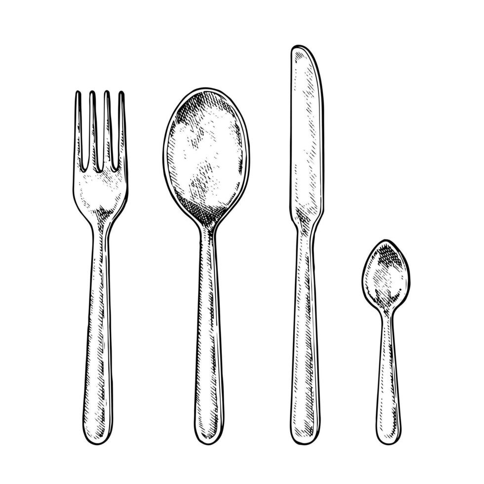 illustration of a cutlery set in black and white. Hand drawn sketch of fork, knife, spoon and teaspoon with isolated background. For kitchen and tableware designs with vintage engraving style vector