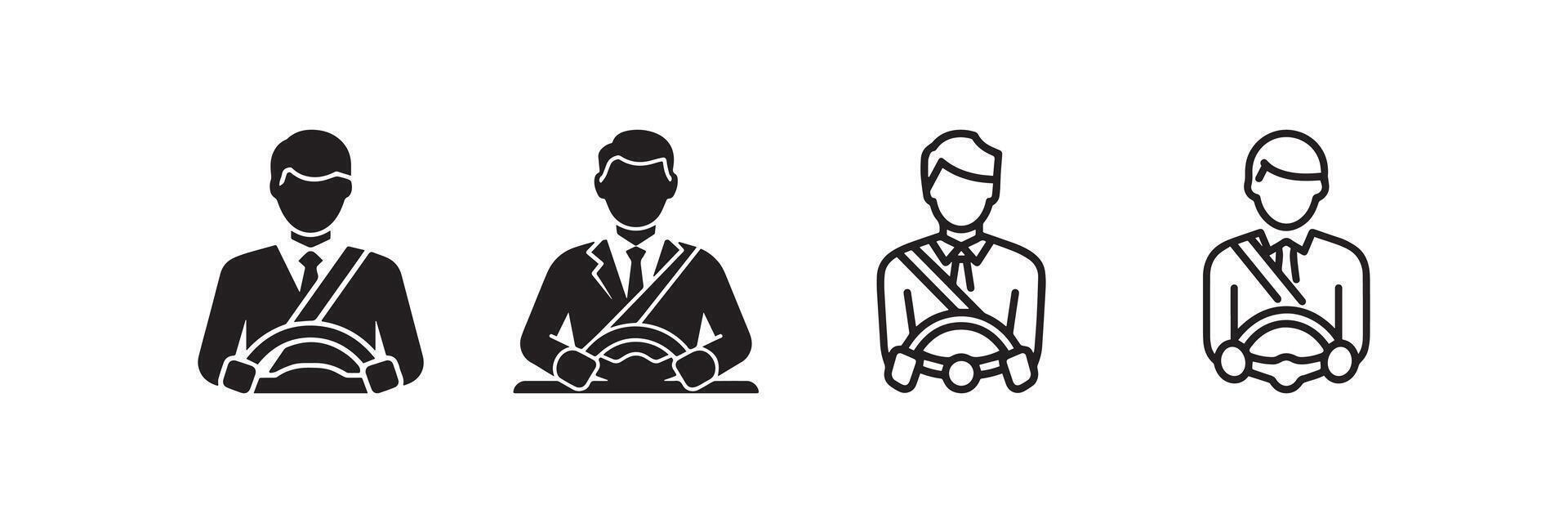 Businessman Driving Icon Set Professional Driver with Steering Wheel and Seatbelt vector