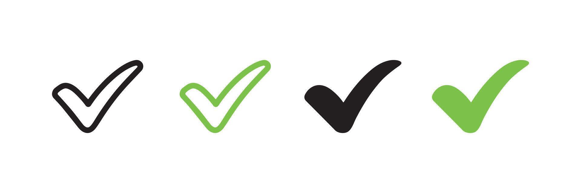 Check Mark Set in Black and Green Outline and Solid Styles vector