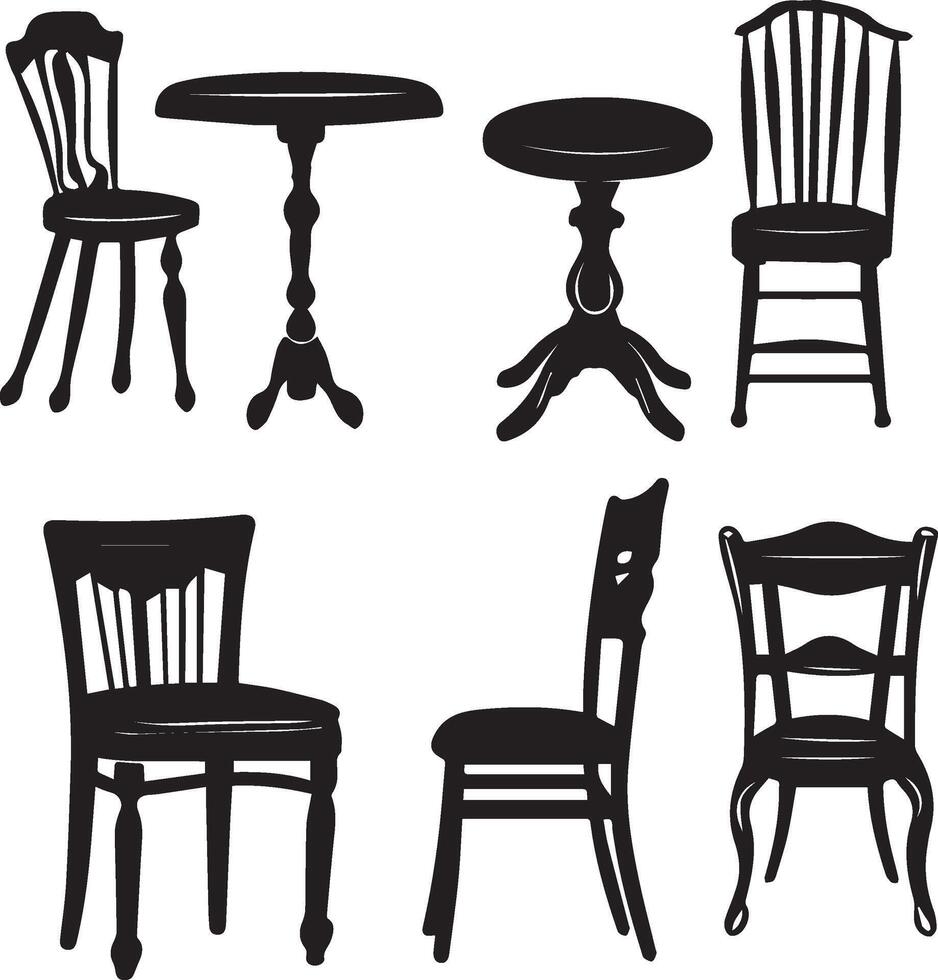 Set of chairs and tables furniture black silhouette vector