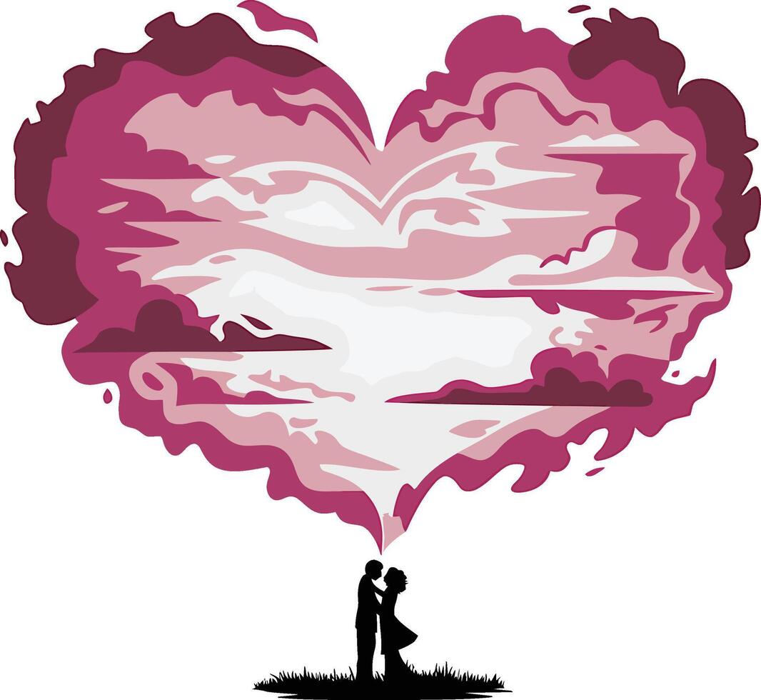 a silhouette of a couple kissing in front of a pink heart vector