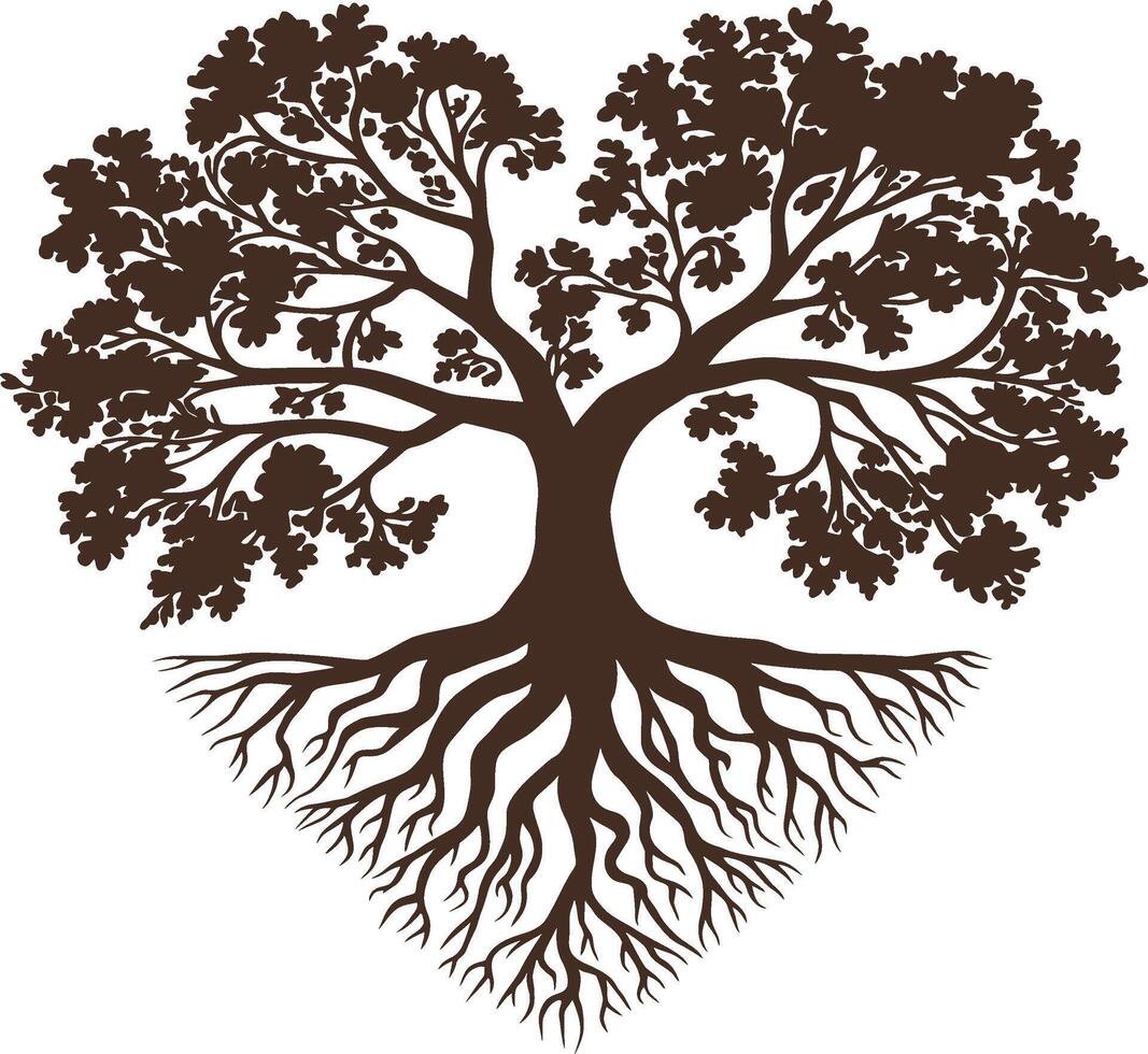 a heart shaped tree with roots and leaves vector