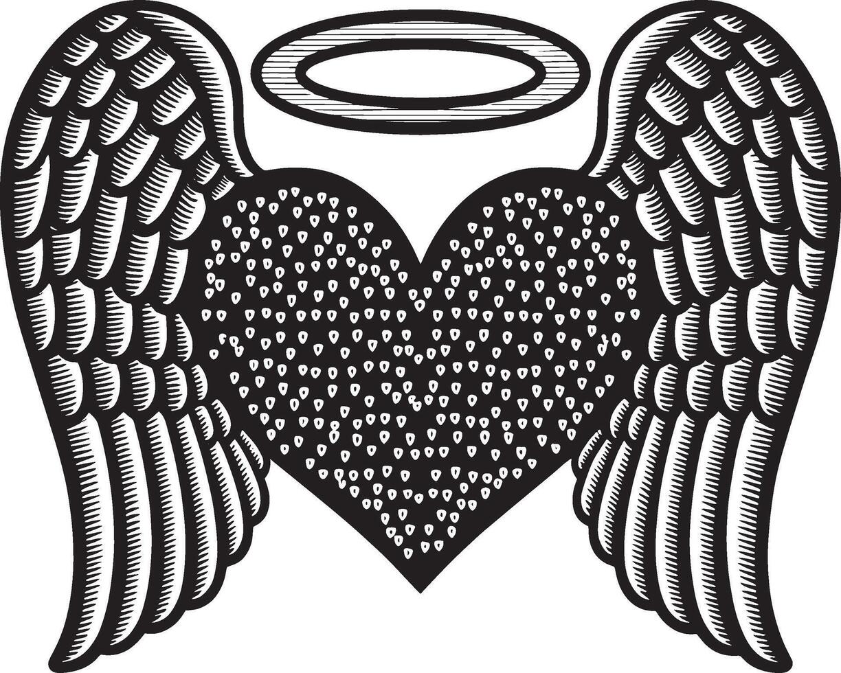 angel wings with heart in black and white vector