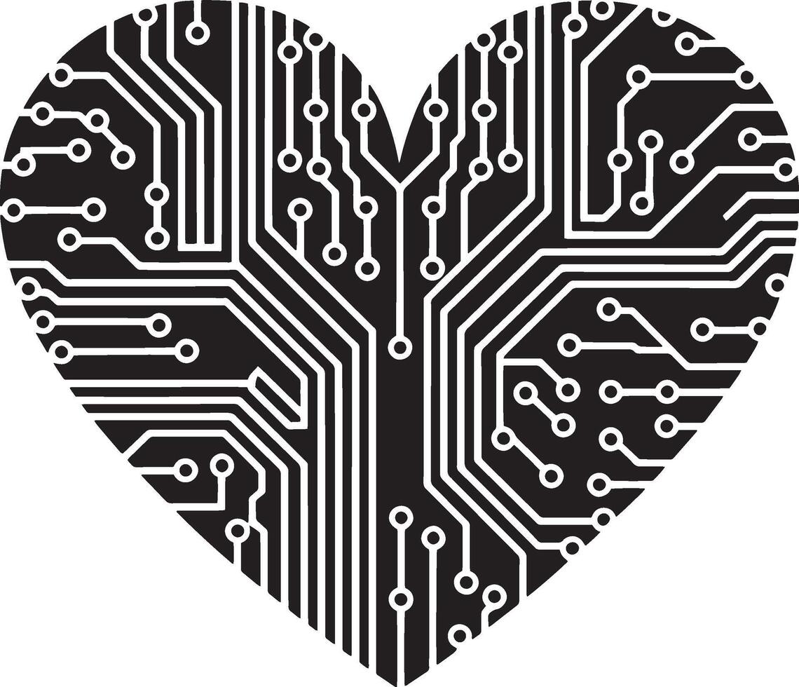 Silhouette design of a heart icon integrated with a circuit board pattern vector