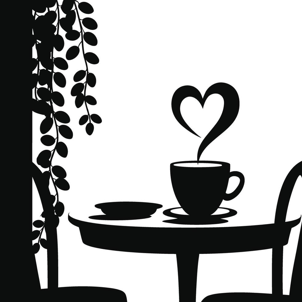 a black and white illustration of a table with a cup of coffee and a chair vector