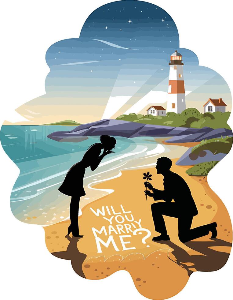 illustration of a man proposing to a woman on the beach vector
