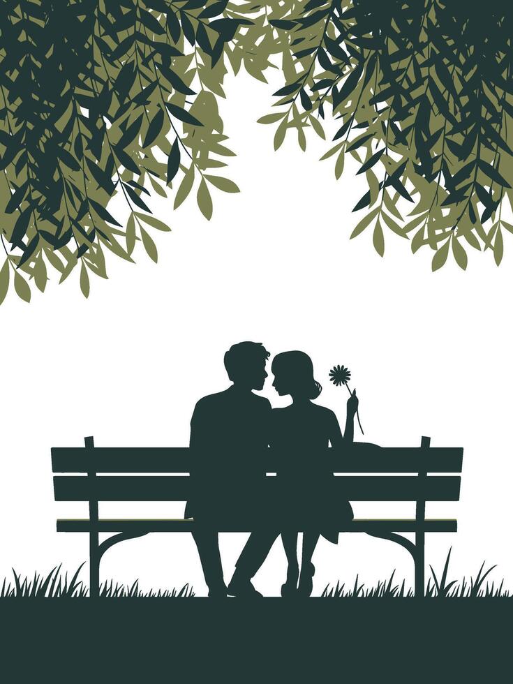 silhouette of a couple sitting on a bench under a tree vector