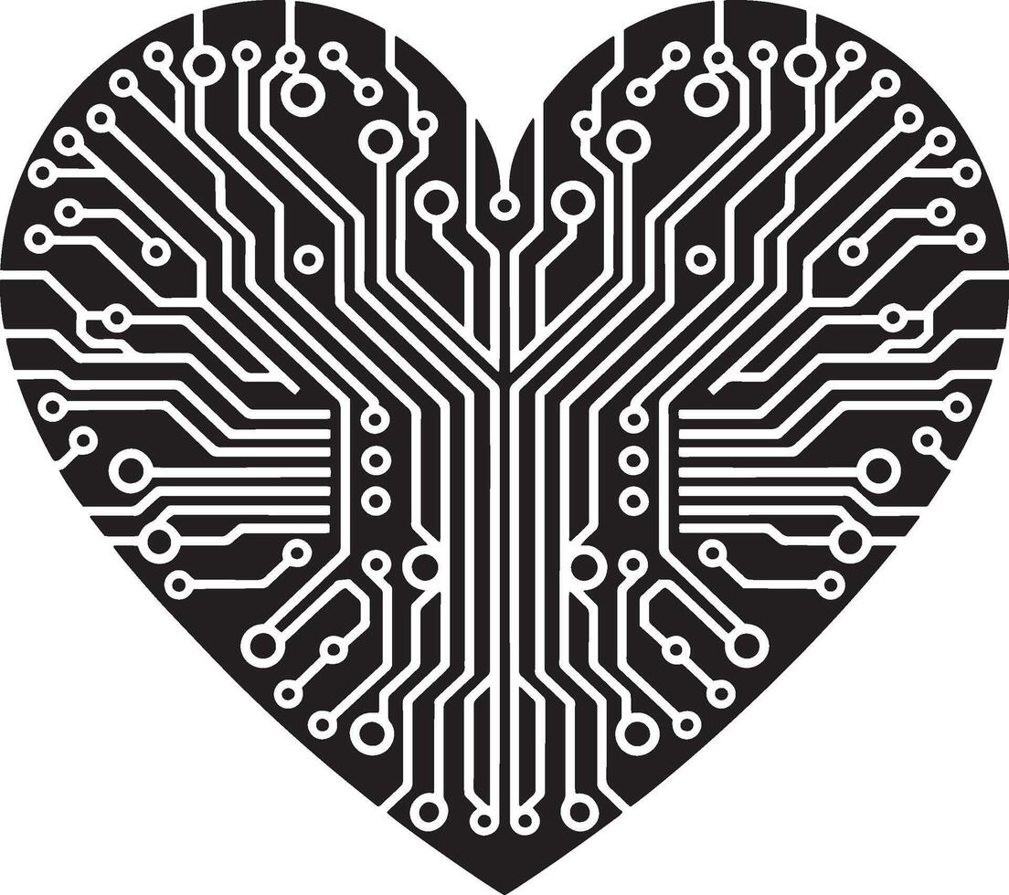 Heart-shaped silhouette combined with a circuit board design pattern vector