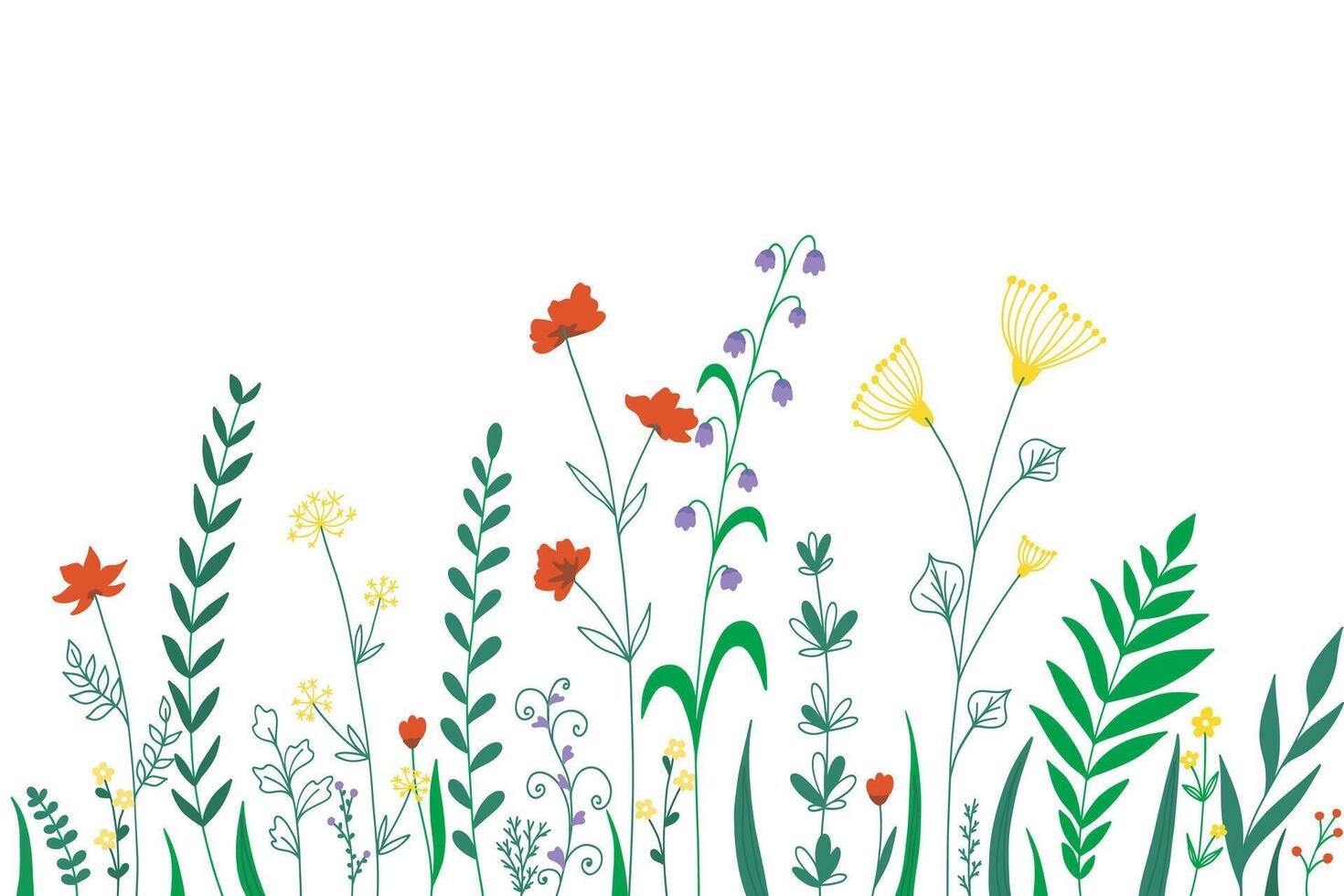 Wildflower field with colorful flowers and leaves illustration vector