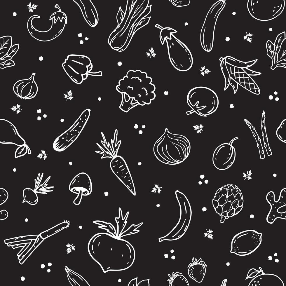 Hand drawn linear style. Seamless vegetable, berries and fruits pattern vector