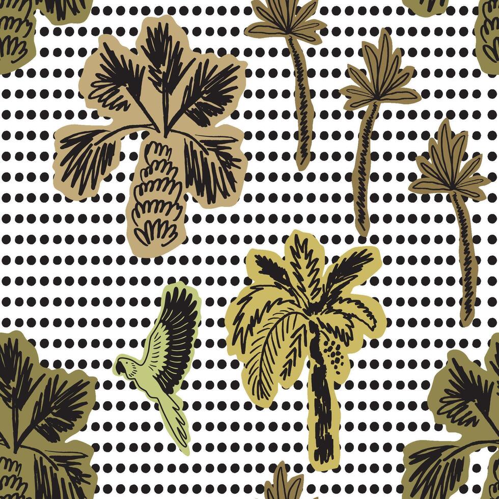 Tropical palm trees, parrot on the black polka dot background. Hand drawn geometric summer vacation seamless pattern. Jungle textile design, background, print. Cute cut out style of plants. vector